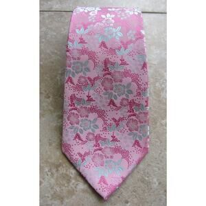 🌷 KAI LONG 100% Silk Hand Made Pink Oriental Floral Print Necktie